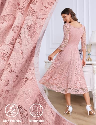 Image of Dressystar Womens Long-Sleeve Wedding Guest Dress A-Line Lace Formal Party Cocktail Midi Dress Prom Gown