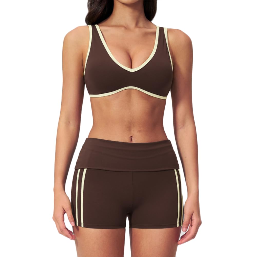 XYFfybhsd Yoga Workout Set, High Waist Butt Lifting Sports Bra & Shorts With, Breathable for Gym & Outdoor(Size:M,Color:Brown)