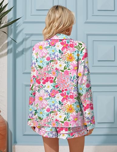 Image of SHESHOW Satin Pajama Set for Women Button Down Long Sleeve Top and Shorts Loungewear Set Funny Print Sleepwear XS-XXL