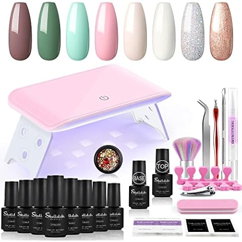 Shelloloh Gel Nail Polish Set Starter Kit, 8 Colors White Pink Nude Glitter Gel Nail Polish Portable LED+UV Nail Lamp, Gel Top Coat and Base Coat Nail Art Manicure Tools Nail Art Kit for Beginner Cover