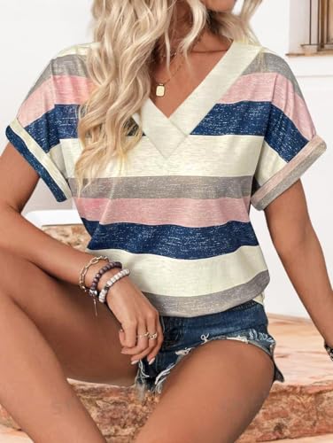 Image of T Shirts Short Sleeve V Neck Tees Womens Tops Beach Vacation Fashion Clothes 2026 Casual Summer Spring Fall Outfits