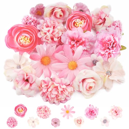 20 PCS Artificial Flower Heads Realistic Flowers for Cake Decoration with 10 Styles Mini Pink Flower Heads for DIY Crafts Hair Accessories Cake Deco Gift Wrapping Wedding & Home Decor (Pink)