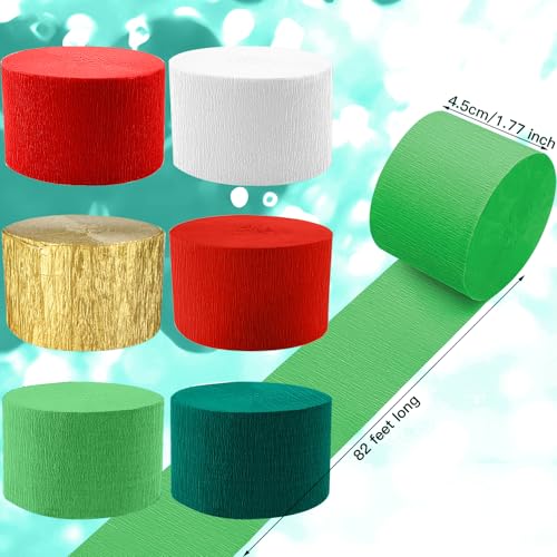 Image of Crepe Paper Streamers 6 Rolls 492ft, Crepe Paper Christmas Decorations Red Green White Gold Party Streamers for DIY Gift Wrapping Birthday Party Decor, 1.77 Inch x 82 Ft /Roll