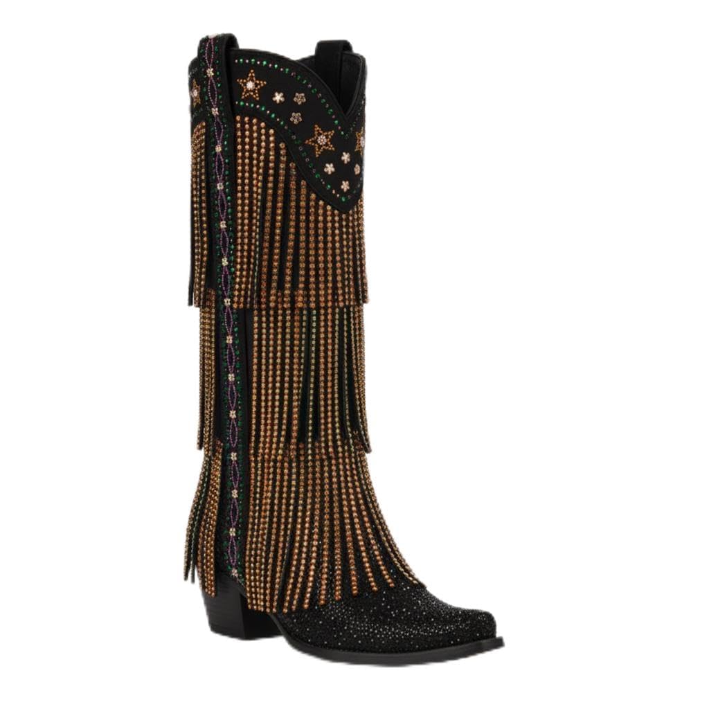 Stylish Womens Knee-High Western Boots - Glitter Tassel Design with 6cm Block Heel for Fashion and Performance
