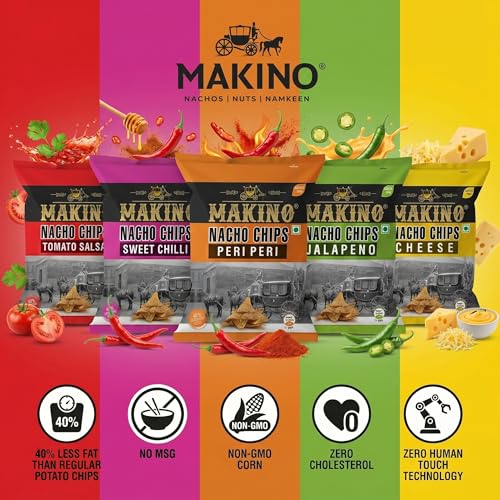 Image of Makino Corn Chips Nachos Pack of 5 (60g Each) | Assorted Healthy Snacks & Low Calorie Munch | Nachos Chips in Fresh Flavors: Cheese, Jalapeno, Sweet Chilly, Peri Peri & Salsa | 40% Less than Regular Potato Chips | No MSG & Zero Human Touch Technology