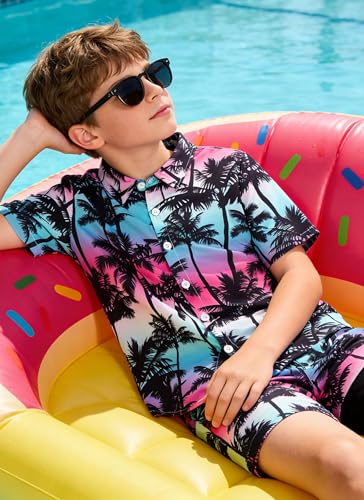 Image of UNICOMIDEA Boys Hawaiian Outfits Tropical Print Button Down Shirt + Swim Trunks 2 Piece Sets for 5-12T Kids