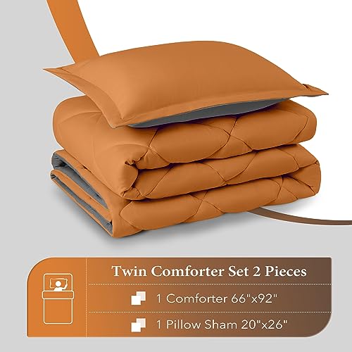 Image of downluxe Twin Comforter Set - Burnt Orange and Grey Twin Comforter, Soft Bedding Sets for All Seasons -2 Pieces - 1 Comforter (66 inchx92 inch) and 1 Pillow Sham(20 inchx26 inch)