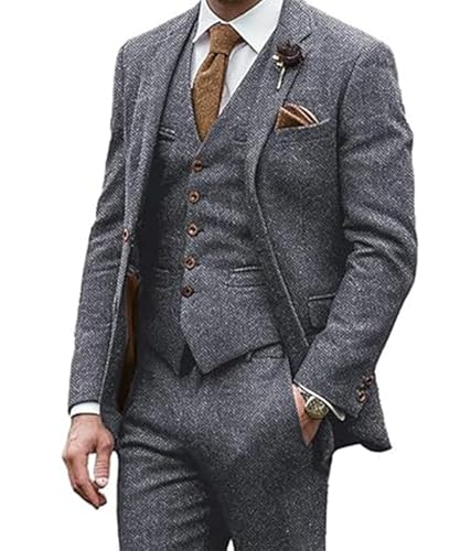 Mens Tweed Suit 3 Piece Slim Fit Herringbone Suits Wedding Suit Jacket Vest Pants Brown Tweed Suits for Men