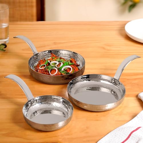 Image of Nestasia Stainless Steel Serving Dishes Set of 3 (350ml, 500ml, 800ml) - Hammered Flat-Base Round Steel Serving Pan with Handle | Rust, Stain & Scratch Resistant Serveware with Glossy Finish