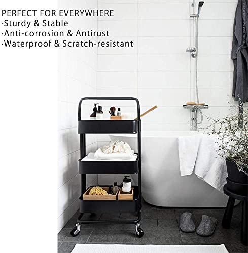 Storage Trolley Cart - 3 Tier Rolling Utility Organizer Rack, Craft Art Cart, Multi-Purpose Organizer Shelf, Tower Rack Serving Trolley for Office Bathroom Kitchen Kids’ Room Laundry Room, Black - Image 6