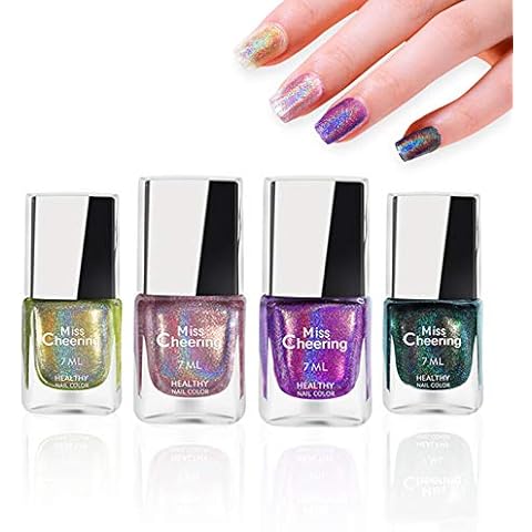 Gireatick 4 Bottles Holographic Nail Polish, Diamond Laser Glitter Long Lasting Nail Polish 7ML Each Bottle (B) Cover