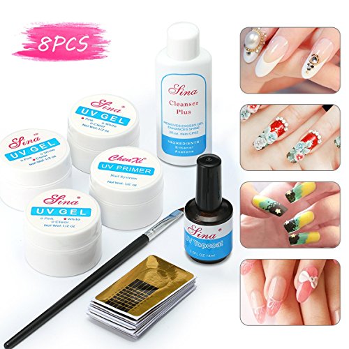 Skymore 8pcs Nail Art Set Builder Primer Base UV Gel Top Coat Brush Cleanser Guide Sticker Form Manicure Kit