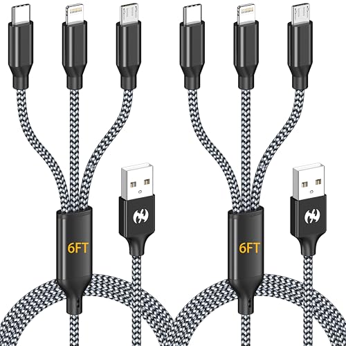 AICHUA 3 in 1 Multi Charging Cable 6ft, 2 Pack Nylon Braided Charger Cord with Lightning, USB C and Micro USB Connectors, Universal Phone Charging Cable for iPhone and Android Devices