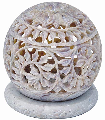 Indus Lifespace Handmade Embossed Carved Soapstone Round Small Tealight Candle Holder with Flowers Jali