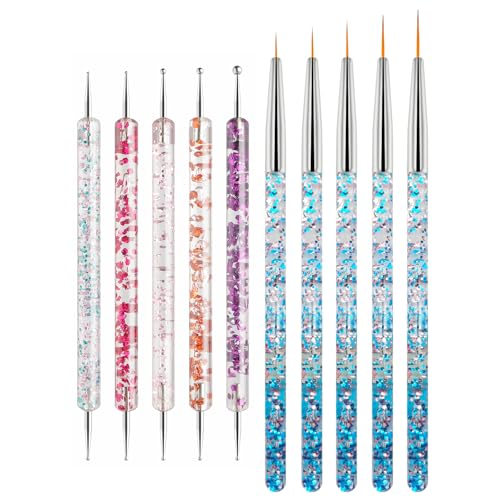 Nail Art Tool Set - 5 Dotting Tools & 5 Nail Liner Brushes for Salon Professionals & Beginners