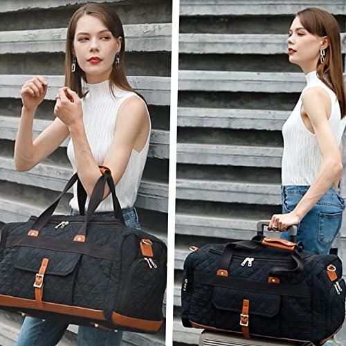 Bluboon Weekender Overnight Duffel Bag With Shoes Compartment For Women Men Canvas Weekend Travel Tote Carry On Bag (Quilted-Black) #TOP4