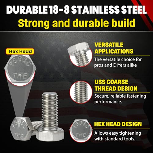 Image of Stainless 7 /16-14 x 1 inch Hex Head Bolts (3 /4 inch to 5 inch Lengths Available in Listing), 304 Stainless Steel, 10 Pieces (7 /16-14 x 1 inch)
