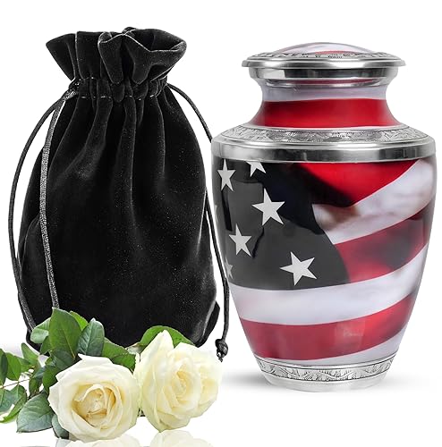 YATSKIA American Flag Urns for Ashes for Adult Female & Male - Military Cremation Large Metal Home Decorative Funeral, Burial Cremation Urns for Mom & Dad - Human Memorial Urn for Women & Men