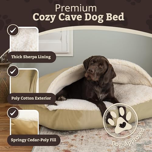 Image of Snoozer Rectangle Cozy Cave Dog Bed, Hooded Dog Bed, Khaki (M)