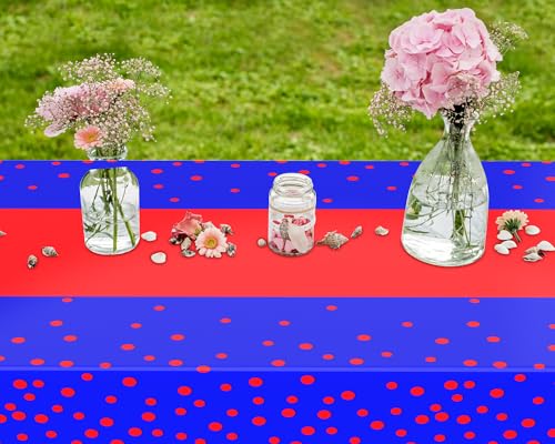 Image of Oudain 3 Pcs Blue and Red Tablecloth for Parties Plastic Dot Tablecloths Printed Table Runner Waterproof Disposable Rectangle Table Cover for Christmas Birthday Wedding Party, 54 inch x 108 inch