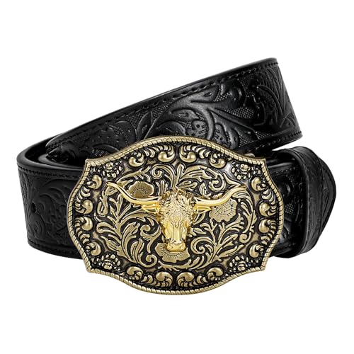 Mens Western Cowboy Belt - Cowgirl Western Country Belt with Floral Engraved Buckle