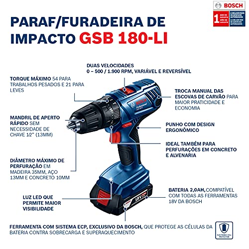Parafusadeira Furadeira Bosch GSB 180-LI 18V com 2 baterias, 1 carregador e 1 maleta