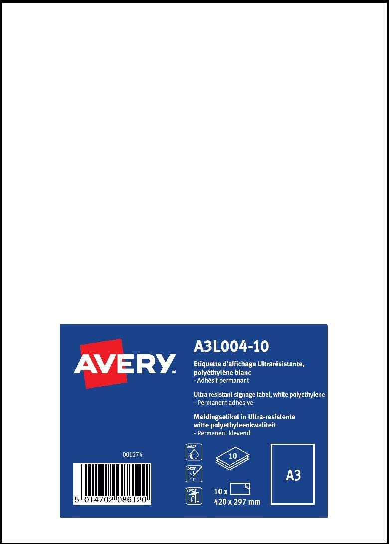 AVERY Lot de 3 Lots de 10 Etiquettes A3 adhésive d’affichage ultra-résistante pour signalisation