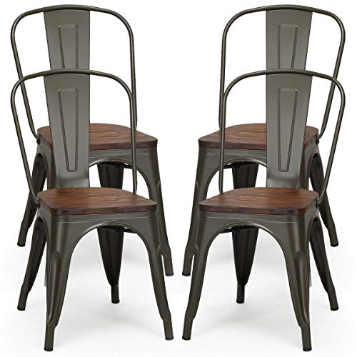 Costway 18 Inch Dining Chair Set Of 4, Industrial Vintage Stackable Metal Chairs, Counter Bar Chairs With High Backrest, Wood Seat, For Home, Kitchen And Cafe Bar Use #TOP7