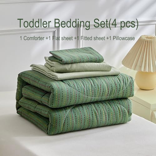 Image of JHXHMX 4 Pieces Toddler Bedding Set,Green Dot Toddler Comforter Sets for Boys,Soft Crib Bed Sheets Set Includes Quilted Comforter,Fitted Sheet,Flat Top Sheet and Envelope Pillowcase