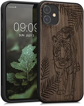 kwmobile Wood Case Compatible with Apple iPhone 11 – Phone Case with TPU Bumper – Tiger Palm Tree Dark Brown