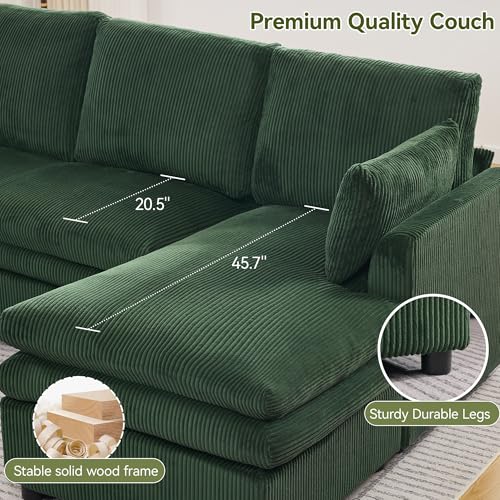 Image of 110 inch Sectional Couches with Right Chaise, Comfy Deep Dual-Layer Cushion Couch, 7 Seater U Shaped Couch, Modern Modular Sofa, Corduroy Sofas for Living Room, Apartment, Green