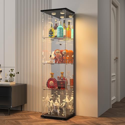 Vitrina de Cristal LED 164x42.5x36.5cm,Vitrina Expositora para Coleccionista con 4 Estantes con Puertas Vidrio de Cerradura y Pared Trasera de Espejo,Vitrina Cristal para Salón Dormitorio, Negro