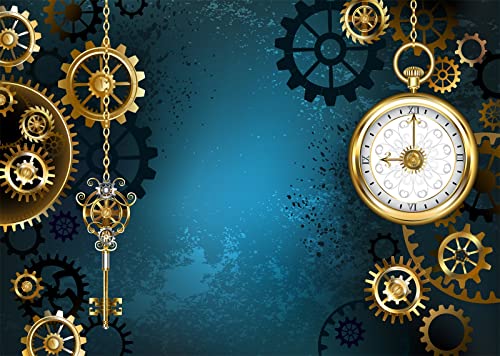 BELECO 7x5ft Fabric Antique Steampunk Backdrop Retro Brass Gold Gear Silver Key Clock Turquoise...