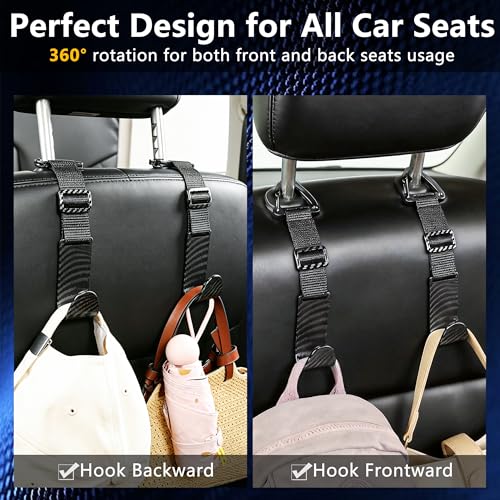 Image of Amooca 4 Pack Anti-drop Headrest Hooks Adjustable Car Seat Organizer | Universal Fit, Hanger for Backpack Umbrella Water Bottle Coat Purses Handbags Groceries, 40lb Heavy Duty, Black Carbon Fiber