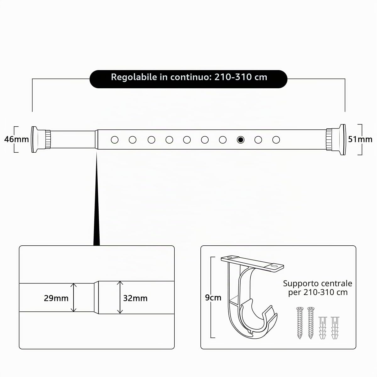 Vailge - Bastone telescopico per tende, senza foratura, regolabile, utilizzabile come asta appendiabiti o bastone per tenda da doccia (nero, 210-310 cm)