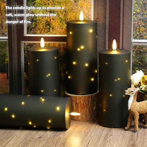 Image of kakoya 10 inch x 4 inch Large Outdoor Waterproof Flickering Flameless Candles with Timer,4Pcs Battery Operated LED Pillar Candles with Embedded Star String for Outdoor Lanterns,Porch,Patio Decor(Black)