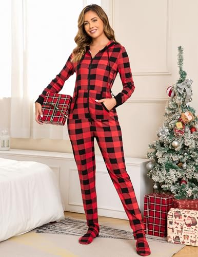 Image of Veseacky Family Christmas Pajamas Matching Sets Adult Onesie Zipper Hooded Footed One-Piece Pjs Jumpsuits