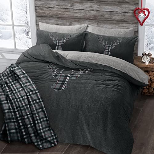Velosso Teddy Cosy Fleece Xmas Nordic Penguins Duvet Cover Quilt Bedding Set with Pillow Case Thermal Warm Fluffy Super Soft (King, Nordic Grey)