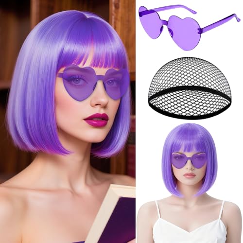 MEEZY Light Purple Short Bob Wigs Straight Hair with Flat Bangs Heart Sunglasses for Women, Colorful Funny Cosplay Daily Party Neon Wig Synthetic Natural As Real Hair Carnival Halloween Costume