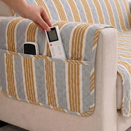 Image of STITCHNEST 'CloudFeel Series' Quilted Printed Velvet Sofa Cover for 2 Seater | Premium Soft Velvet Sofa Protector | Mustard Black Striped Design with Armrest Pockets | Furniture Cover