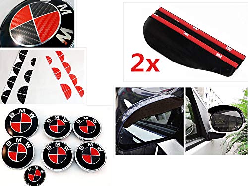 BLACK and RED Carbon Fiber Sticker Overlay Vinyl for All BMW Emblems Caps Logos Roundels AND 2x Rain Guard Shield Side Mirror Visor BUNDLE