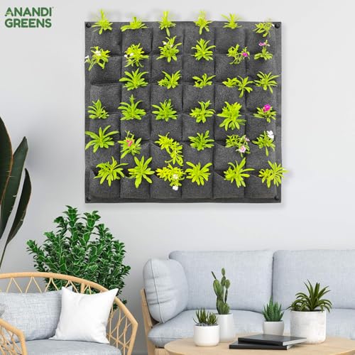 Image of Anandi Green's 400 GSM GeoFabric Vertical Hanging Outdoor Wall Planter for Hold Living or Artificial Plants, Flowers, and Herbs, Great Decor for Gardens (Pocket - 36)