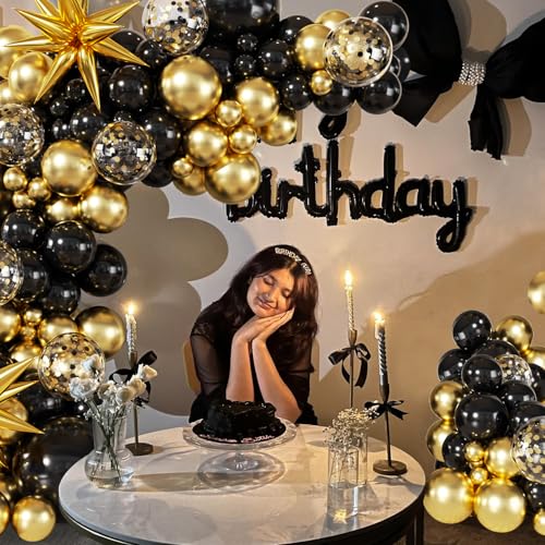 Black and Gold Balloon Garland Arch Kit, 140Pcs Black Gold Confetti Balloons with Stars for Birthday Graduation New Year Retirement Anniversary Wedding Engagement Party Decorations - Image 4