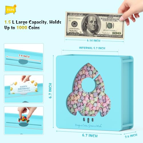 Image of Summidate Wooden Piggy Bank for Kids Girls, Money Savings Bank with Clear Removable Windows and DIY Stickers, Kids Visual Cash Vault Box for Teens, Birthday