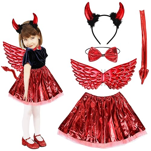 Déguisement Diablesse Fille Halloween, 5 Pièces Costume Enfant Avec Ailes Rouge, Jupe, Bandeau en...