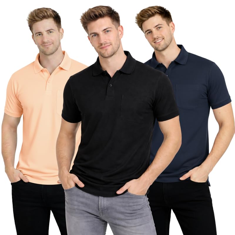 Image of SMAN Polo Neck T-Shirt Pack of 3 for Men & Boys | Half Sleeve Collar Tee with Pocket | Premium Spun Matty Fabric | Casual & Office Wear | Sizes M to 2XL | FX PO3 MCR BLK NVY