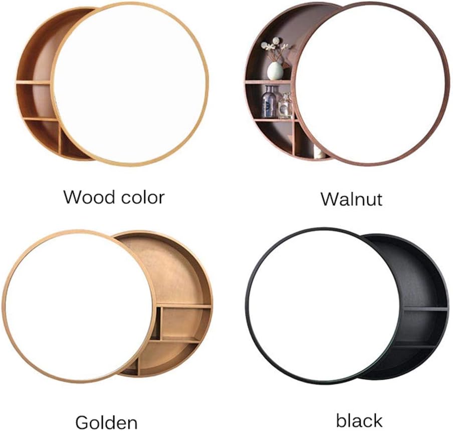 Solid Wood Bathroom Mirror Cabinet, Round Wall-Mounted Mirror, Vanity Mirror, Storage Lens Lens Cabinet (Gold 70cm)