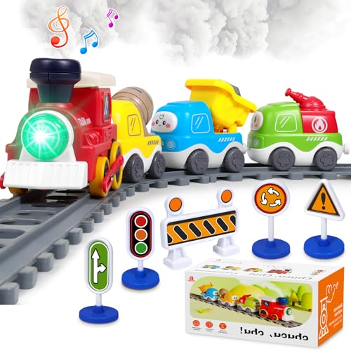 Image of Electric Train Set for Toddlers 3-5 4-8 with Train Tracks Set Lights Up Steam Sign Realistic Music Sound Magnetic Train Connection Toys Birthday 3 4 5 6 7 8+ Years Old Boy Toys Girl