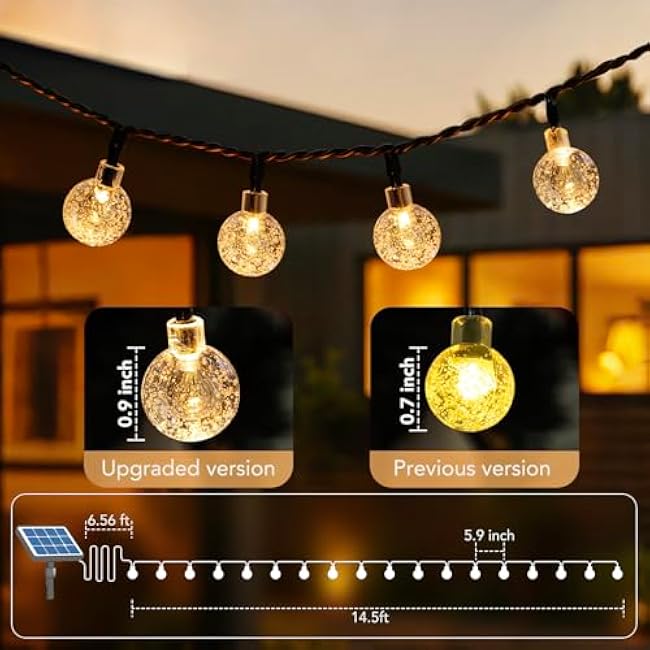 Metaku Solar String Lights for Outside, 20FT 30 LED Crystal Globe String Lights, Solar Powered Outdoor Lights with 8 Lighting Modes, Patio Hanging Lights for Garden, Camping and Party D¨¦cor Warm Whit
