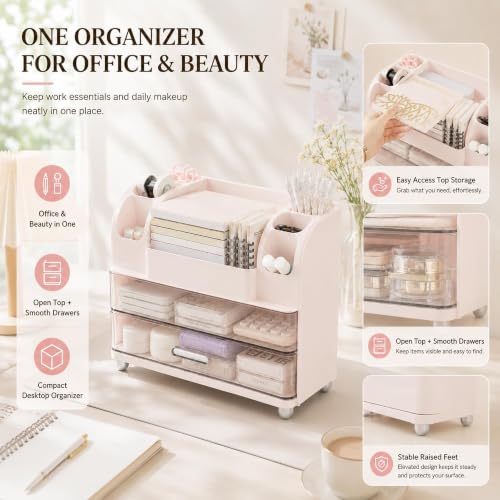 Image of Makeup Organizer with Drawers for Vanity,Bathroom Countertop Organizer with Brushes Holder,Skincare Storage Organizer for Lipsticks,Nail Polishes, Perfumes,Eyeshadow Palettes (Pink)